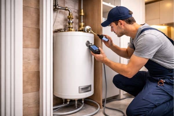 Plombier vérifiant un chauffe-eau neuf