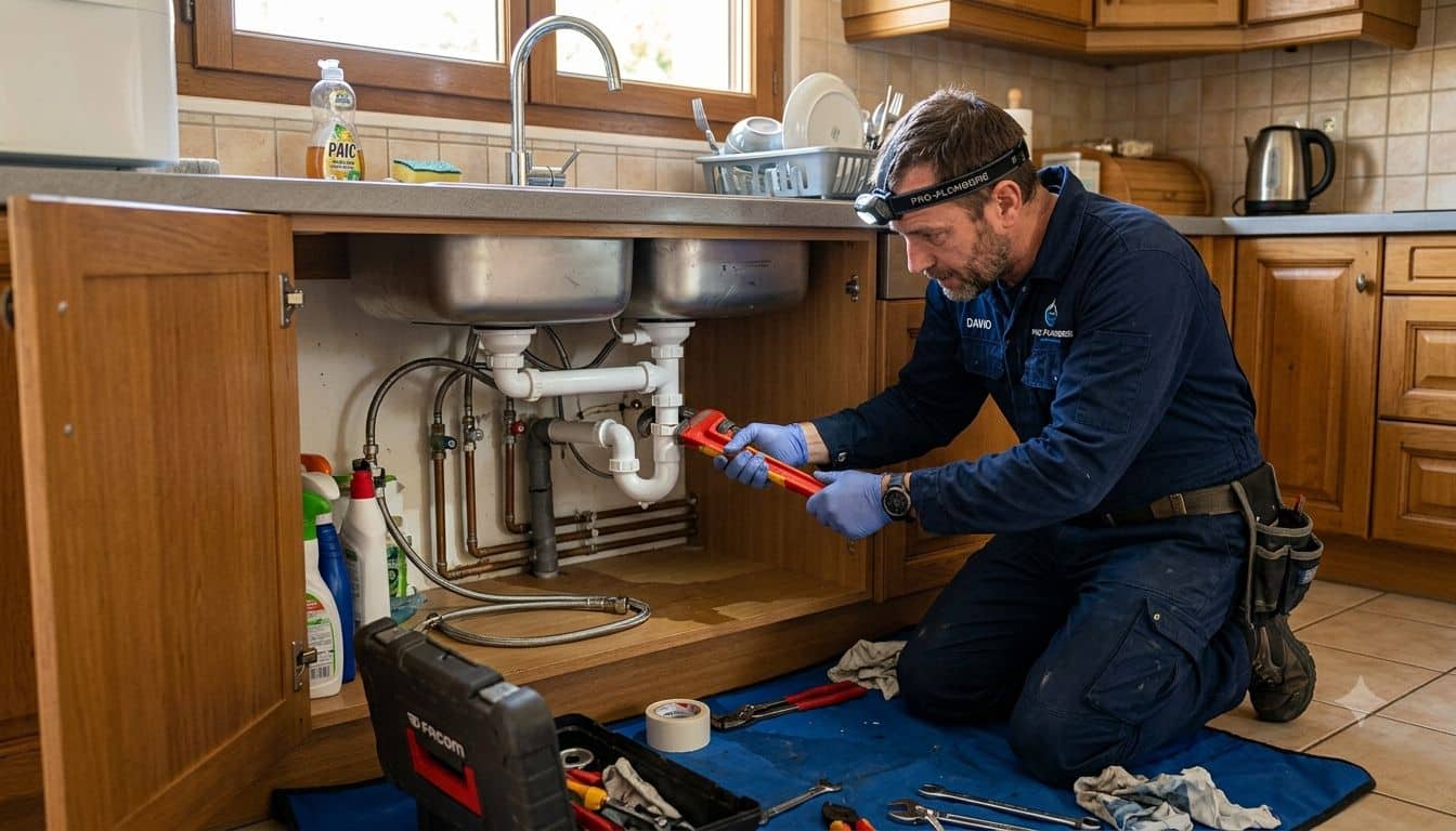 plombier qui fait des travaux sous un évier