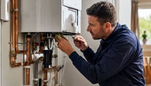 Technicien réparant une chaudière murale